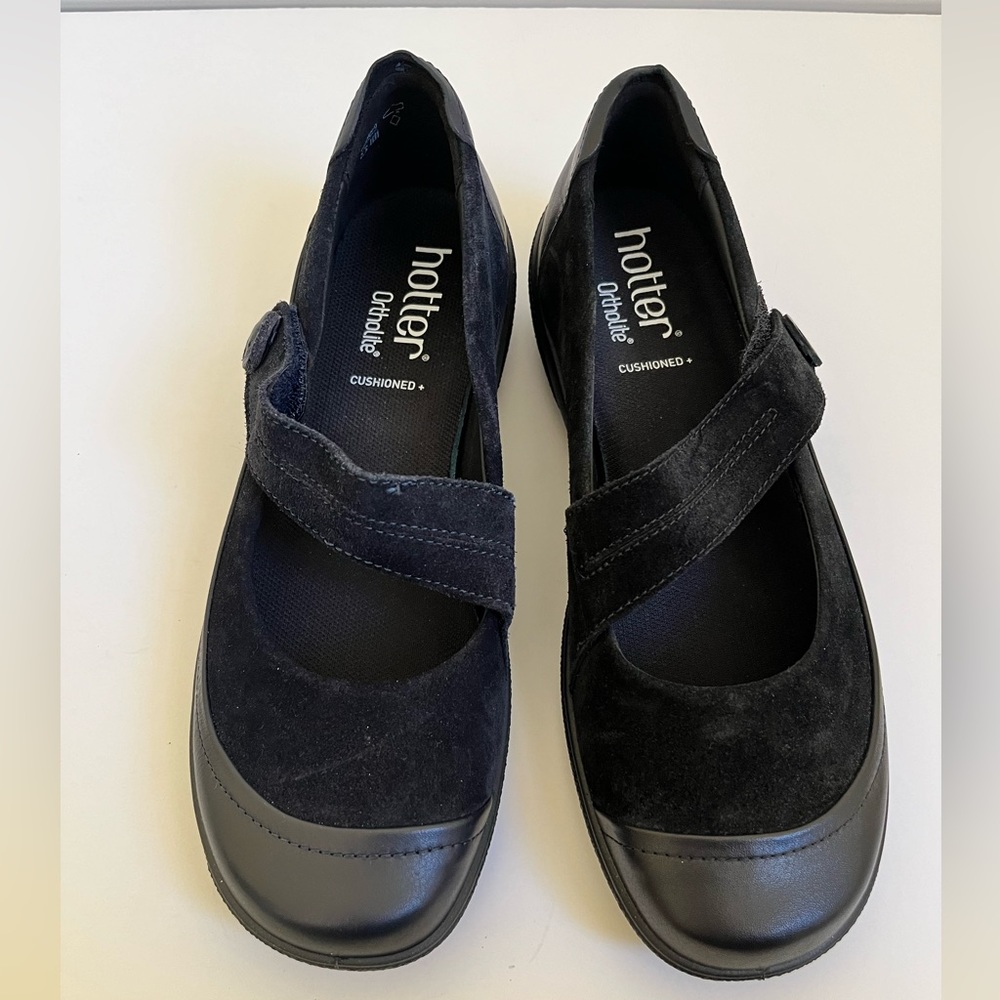 Hotter Womens 7.5 Glee Mary Jane Flats Black Leather Round Toe Casual Strap